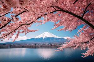 A beautiful cherry blossom tree in front of a majestic mountain backdrop photo