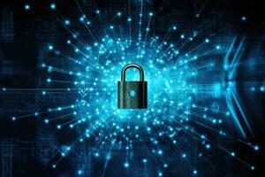 A padlock illuminated by blue lights on a dark background photo