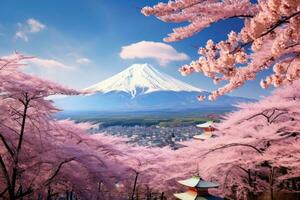 A pagoda with a majestic mountain backdrop photo