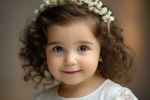 un joven niña con un hermosa flor adornando su pelo foto