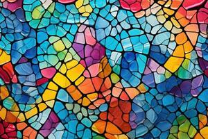 A vibrant mosaic tile wall with intricate patterns and colors photo