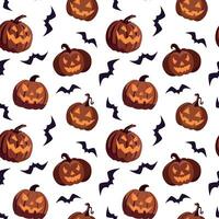 Halloween scary pumpkins with bats seamless pattern. Isolated on white background. Happy Halloween greeting card and trick or treat party design. vector