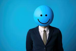 a man wearing a suit with a smiley face headgear photo