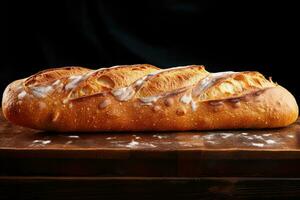 a rustic loaf of bread on a wooden cutting board photo