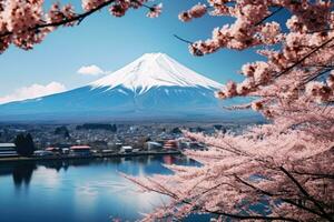 A majestic mountain with blooming cherry blossoms in the foreground photo