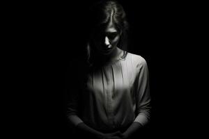 a mysterious woman in a contemplative pose, surrounded by darkness photo