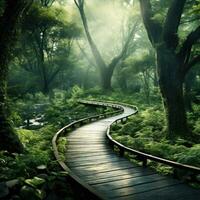 a wooden path winding through a vibrant forest photo