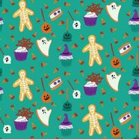 Vector Halloween scary candies seamless pattern for holiday decoration on green background. Bright sweets, cookies, gingerbread in flat minimalistic hand drawn style. Holiday design for Halloween