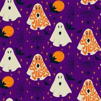 Ghost pattern with Halloween groovy lettering. Spooky ghost in flat minimalistic style with slogan Spooky vibes inside. Hand drawn trendy retro design for party decoration, textile, wrapping vector