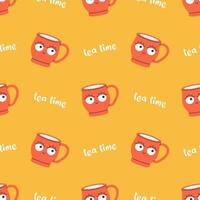 Vector seamless pattern of cute cups with eyes. Trendy pattern with funny smiling mugs with face. Background with modern drink cups and tea tea text.