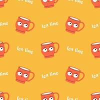 Vector seamless pattern of cute cups with eyes. Trendy pattern with funny smiling mugs with face. Background with modern drink cups and tea tea text.