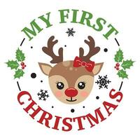 My first Christmas vector illustration with cute deer face. Girls Christmas design isolated good for Xmas greetings cards, poster, print, sticker, invitations, baby t-shirt, mug, gifts.