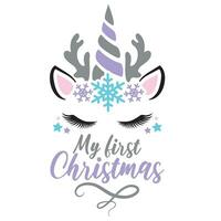 My first Christmas vector illustration with cute deer unicorn face and snowflakes. Girls Christmas design isolated good for Xmas greetings cards, poster, print, sticker, invitations, baby