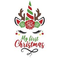 My first Christmas vector illustration with cute deer unicorn face and roses. Girls Christmas design isolated good for Xmas greetings cards, poster, print, sticker, invitations