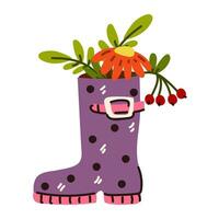 A variety of autumn leaves, berries in a rubber boot. Fashionable vector rain boots and leaves. Modern design of illustrations for printing. The concept of the atmosphere of the autumn holiday