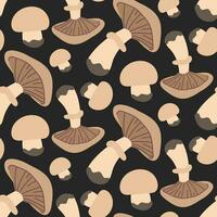 Vector seamless pattern with champignon mushroom on a dark background. Seamless texture, hand-drawn cartoon striped mushrooms. Design template for textiles, wallpaper, print. champignon on grey