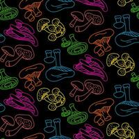 Bright contour pattern with multicolored mushrooms. Colorful illustration of mushrooms, bright psychedelic colors on a black background. Contoured seamless texture for printing on textiles and paper vector