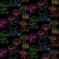 Bright contour pattern with mushrooms. Colorful illustration with edible mushrooms, bright psychedelic colors on a black background. Contoured seamless texture for printing on textiles and paper vector