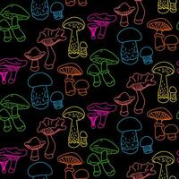 Bright contour pattern with mushrooms. Colorful illustration with edible mushrooms, bright psychedelic colors on a black background. Contoured seamless texture for printing on textiles and paper vector