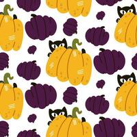 A pattern with a scratched yellow pumpkin and a black cat. Yellow and purple pumpkin on a white background. Texture for a Halloween party. Seamless vector ornament with cute animal