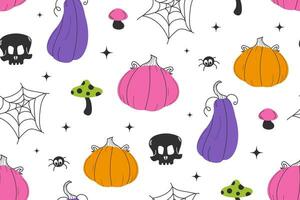 Halloween seamless pattern. Colored pumpkins, spider web, skull. Vector flat illustration. Pattern for background, printing on wrapping paper, wallpaper or fabric. Halloween background.