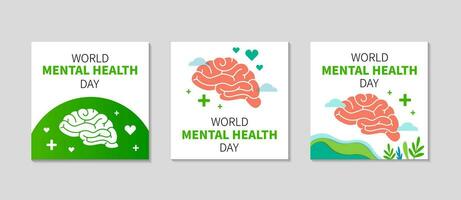 World mental health day social media Post template set. Brain and abstract elements. Peace and harmony in consciousness and life concept. Vector flat illustration.