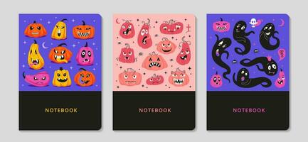 Trendy covers set. Cute Halloween themed illustrations. Pumpkins and ghosts, spooky elements. For notebooks, planners, brochures, books, catalogs, cards, invitations etc. vector