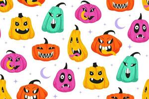 Halloween seamless pattern. Colored spooky pumpkins. Vector flat illustration. Halloween background. Pattern for background, printing on wrapping paper, wallpaper or fabric.