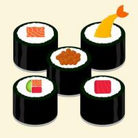 Sushi rolls set collection flat design illustration of Japanese food vector