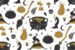 Witch black and gold seamless pattern. Vector flat illustration. Halloween background. Witch vibes lettering and magic items. Pattern for background, printing on wrapping paper, wallpaper or fabric.