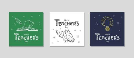 Happy Teachers day card with school chalk doodle, illustration. Social media Post template set. Best teacher ever poster concept. chalk text. Vector flat illustration. Excellent gift card.