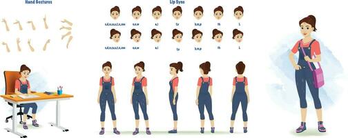 A teenager student character model sheet. School girl creation set. Student turnaround sheet, hand gestures, lip sync vector