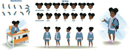 An african student character model sheet. African School girl creation set. Student turnaround sheet, hand gestures, lip sync vector