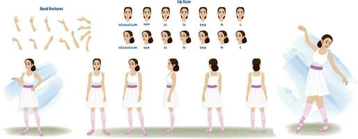 A female dancer model sheet. Dancer creation set. Dancer turnaround sheet, hand gestures, lip sync vector