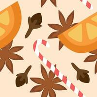 Seamless pattern with Oranges, Clove, Candy cane and Anis stars. Mulled wine isolated ingredients. Vector illustration of spices in flat style. Christmas drink template for postcard, wrapping paper.