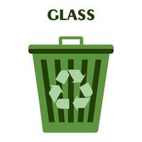 Big Flat green recycle garbage can with text Glass on it. Trash bin in cartoon style. Recycling trash can. Vector illustration isolated on white. Educational Poster, Ecology and sorting concept.