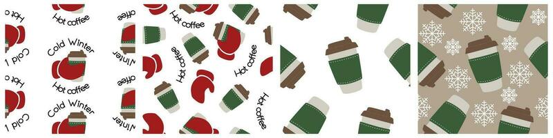 Set of Hot drinks seamless pattern. Collection of 4 different color backgrounds with Coffee, Chocolate or Capuccino. Vector Template for Winter and Autumn Advertisement, Poster, Placard.