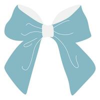 Vector bow Illustration. Isolated long blue ribbon and big bow with two tails. Colorful satin stretching line. Holiday concept. New Year, Christmas banner. Cartoon style. Front view. Flat design.