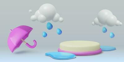 Monsoon 3D podium. Rain season vector scene with three dimensional style plastic clouds, wet puddles and opened umbrella. Modern showcase product background for sale and promotion design.