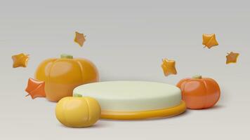 otoño 3d realista podio con calabazas y otoño hojas. producto monitor antecedentes con vacío espacio. vector Tres dimensional diseño con el plastico elementos para pancartas, carteles, anuncios