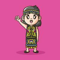 Cute Indonesian girl wearing Dayak, Kalimantan traditional dress cartoon vector. Indonesia traditional clothes cartoon vector design.