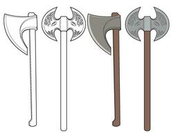 Set Of Fullcolor And Outline Medieval Axe Vector Weapon. Vector Hand Drawn Illustration Isolated On Hhite Background.