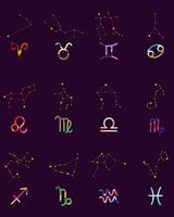 Set Zodiac signs, Colorful zodiacs, Icons for the design of Esoteric with Constellations, astrologic maps, calendars. Vector elements on dark background. The color of the element of the month
