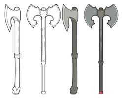 Set Of Fullcolor And Outline Medieval Axe Vector Weapon. Vector Hand Drawn Illustration Isolated On Hhite Background.