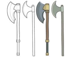 Set Of Fullcolor And Outline Medieval Axe Vector Weapon. Vector Hand Drawn Illustration Isolated On Hhite Background.