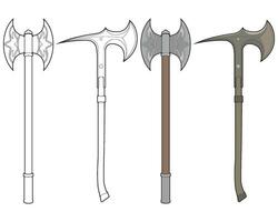 Set Of Fullcolor And Outline Medieval Axe Vector Weapon. Vector Hand Drawn Illustration Isolated On Hhite Background.