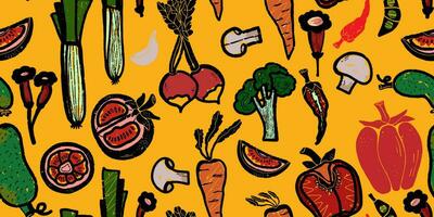 a colorful pattern of vegetables and fruits on a yellow background vector