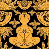 a black and gold design with a man in a lotus position vector