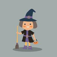 Girl in Halloween witch costume - cartoon character. vector