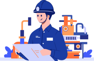 Hand Drawn Technician or engineer with engine in factory in flat style png